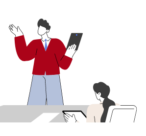 パソコンを持って発表をしているイラスト